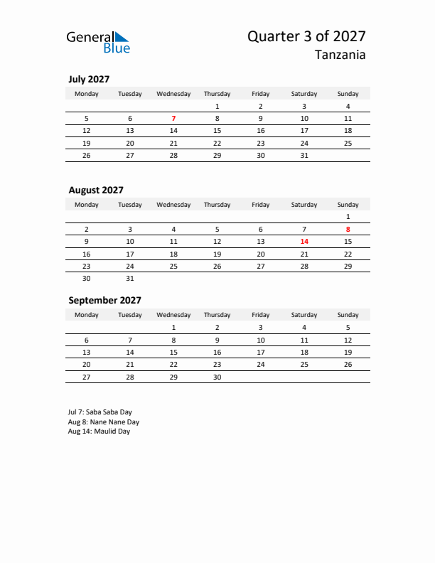 2027 Q3 Three-Month Calendar for Tanzania