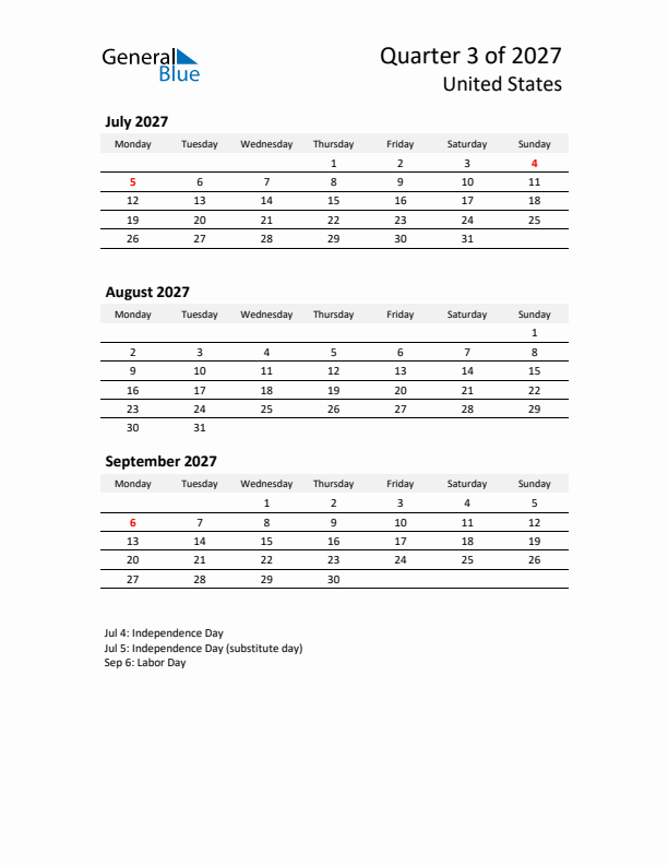 2027 Q3 Three-Month Calendar for United States