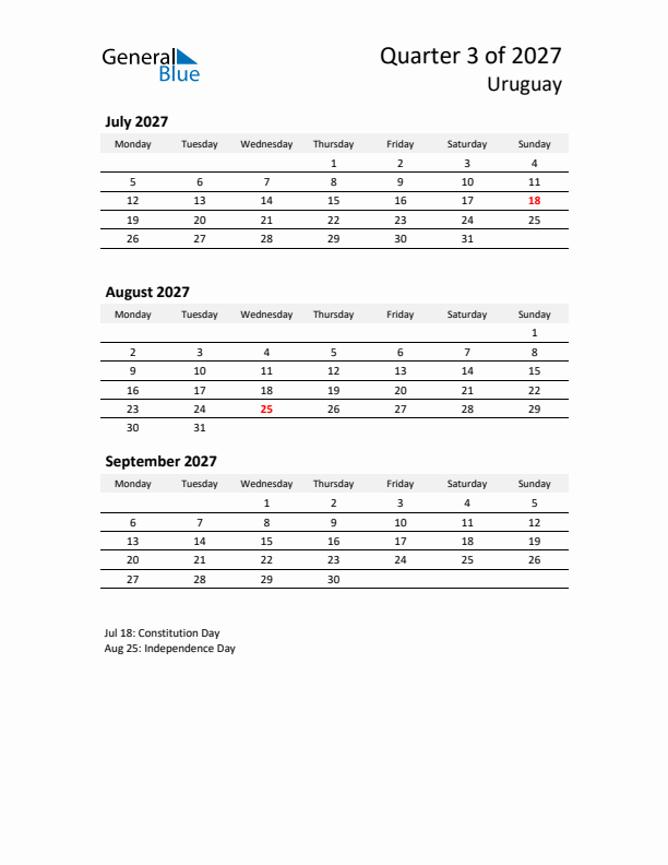 2027 Q3 Three-Month Calendar for Uruguay