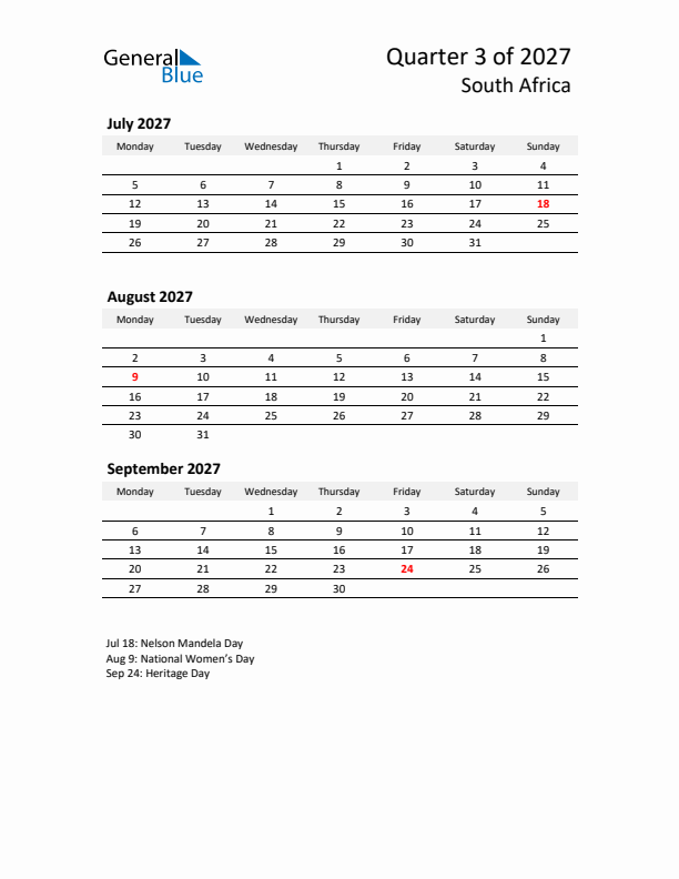 2027 Q3 Three-Month Calendar for South Africa