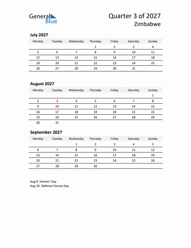 2027 Q3 Three-Month Calendar for Zimbabwe