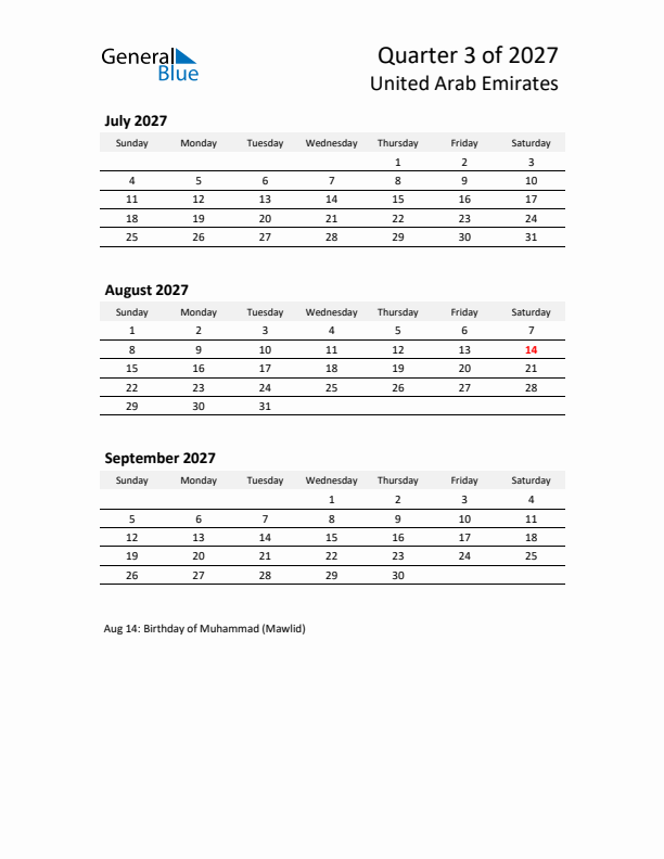 2027 Q3 Three-Month Calendar for United Arab Emirates