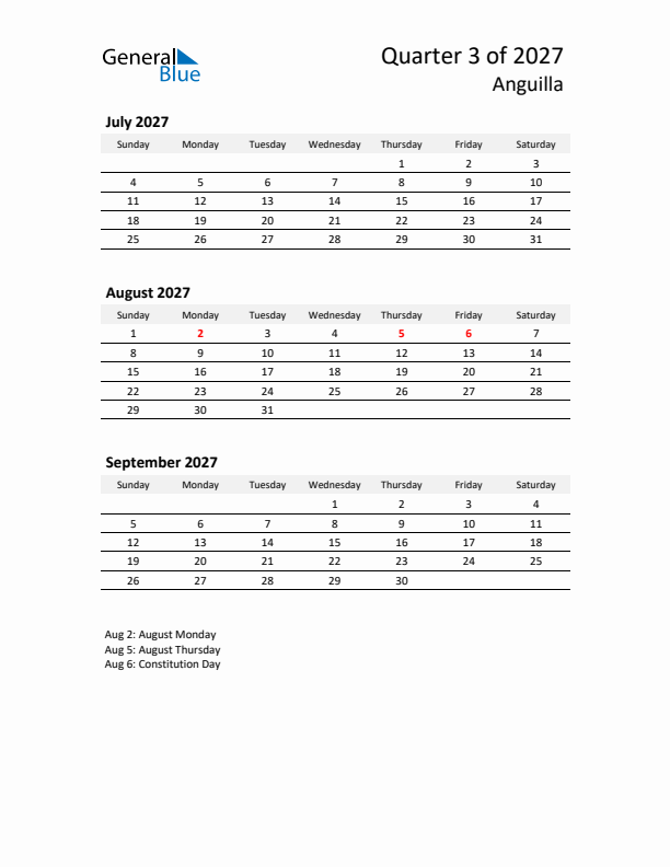 2027 Q3 Three-Month Calendar for Anguilla