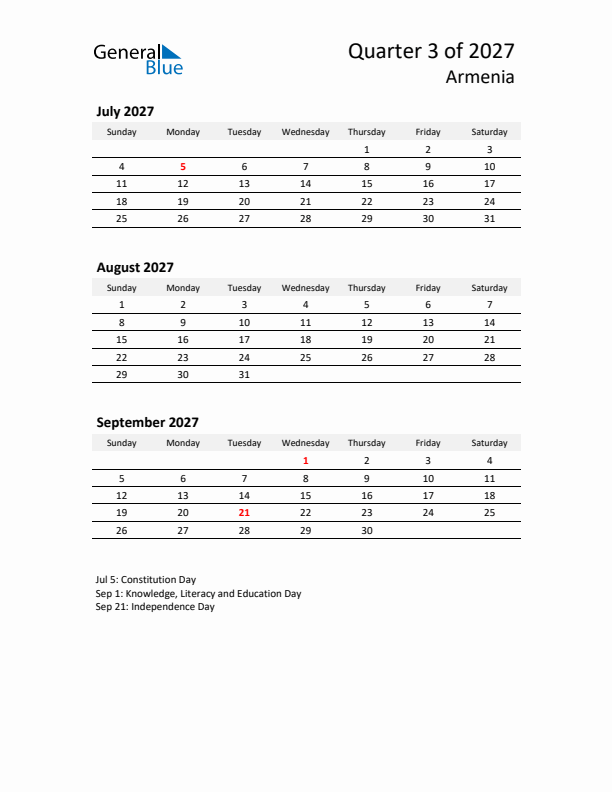 2027 Q3 Three-Month Calendar for Armenia