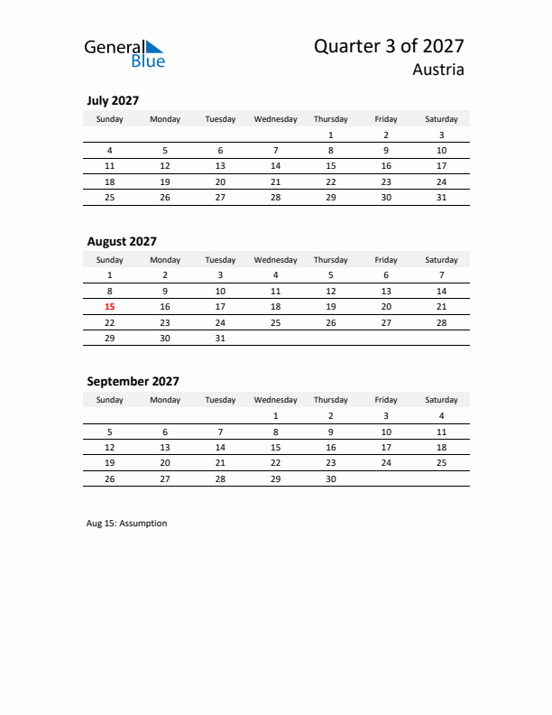 2027 Q3 Three-Month Calendar for Austria