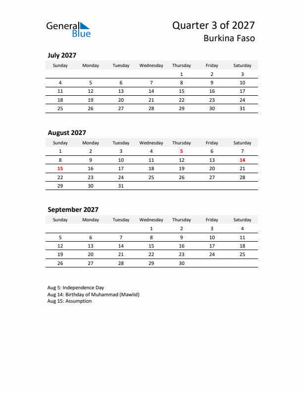 2027 Q3 Three-Month Calendar for Burkina Faso