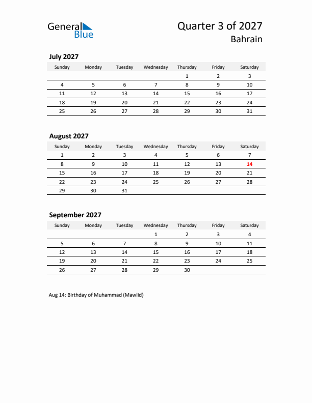 2027 Q3 Three-Month Calendar for Bahrain