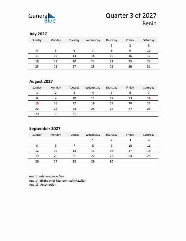 2027 Q3 Three-Month Calendar for Benin