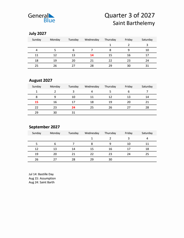 2027 Q3 Three-Month Calendar for Saint Barthelemy