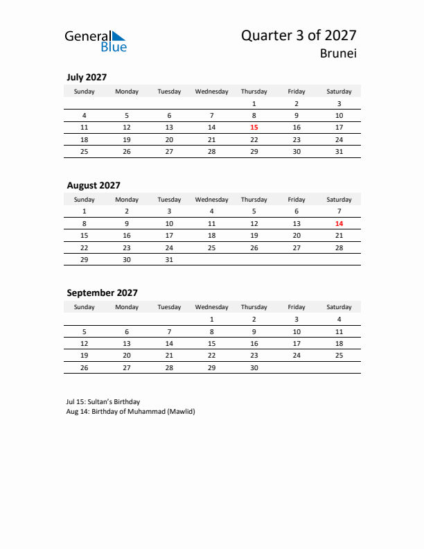 2027 Q3 Three-Month Calendar for Brunei