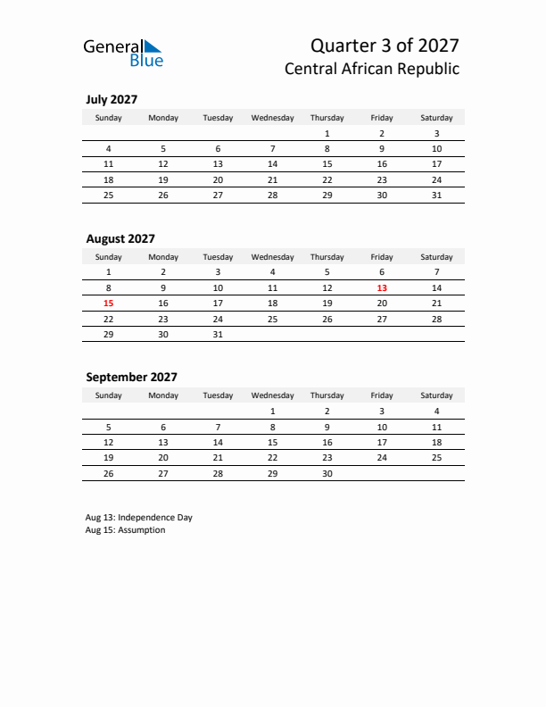 2027 Q3 Three-Month Calendar for Central African Republic