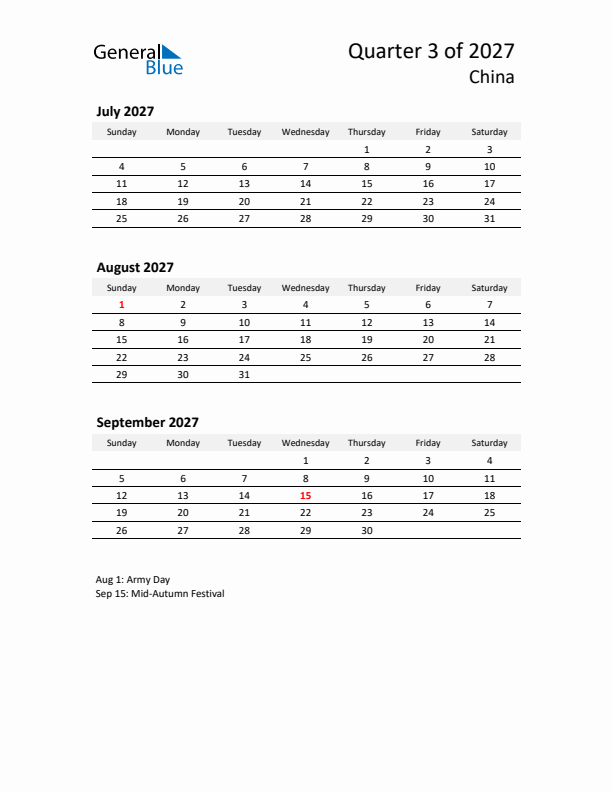 2027 Q3 Three-Month Calendar for China