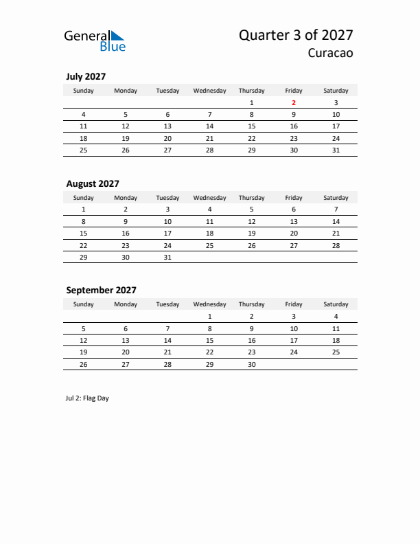 2027 Q3 Three-Month Calendar for Curacao