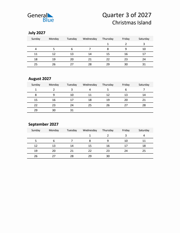 2027 Q3 Three-Month Calendar for Christmas Island