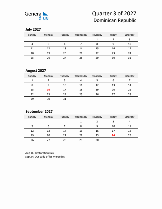 2027 Q3 Three-Month Calendar for Dominican Republic