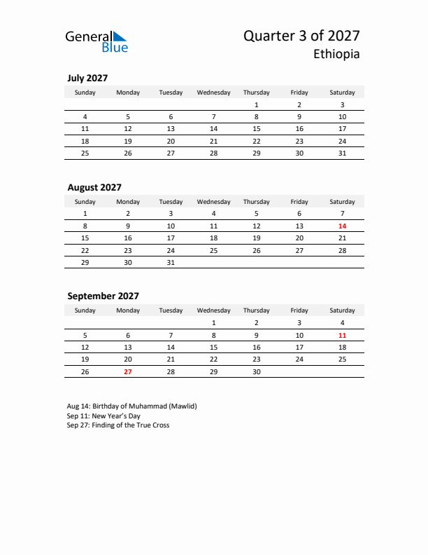 2027 Q3 Three-Month Calendar for Ethiopia