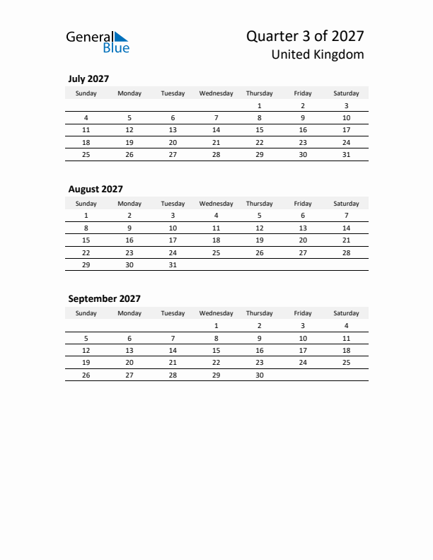 2027 Q3 Three-Month Calendar for United Kingdom