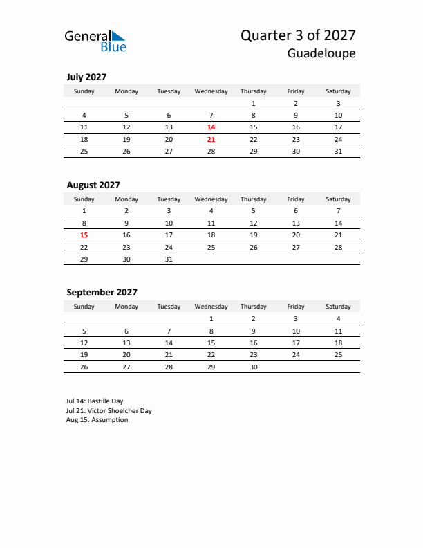 2027 Q3 Three-Month Calendar for Guadeloupe