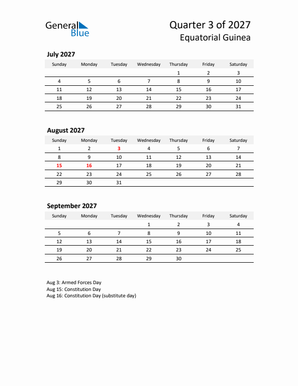 2027 Q3 Three-Month Calendar for Equatorial Guinea