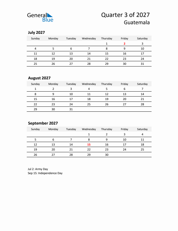 2027 Q3 Three-Month Calendar for Guatemala