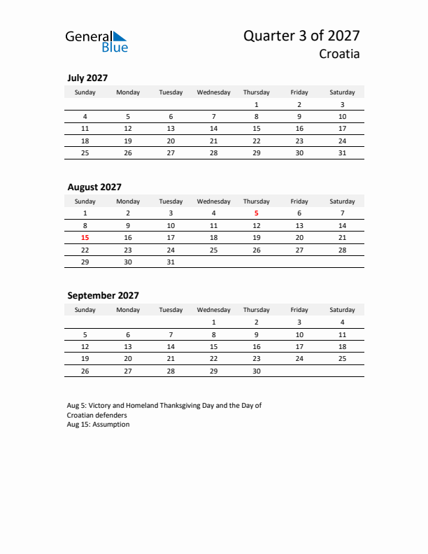 2027 Q3 Three-Month Calendar for Croatia