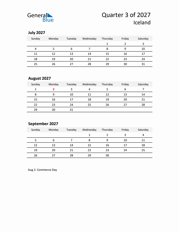 2027 Q3 Three-Month Calendar for Iceland