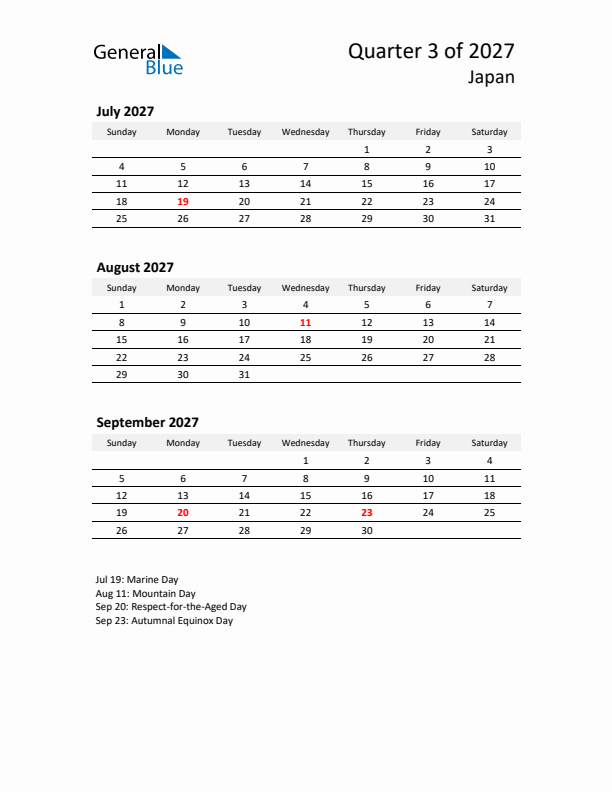 2027 Q3 Three-Month Calendar for Japan