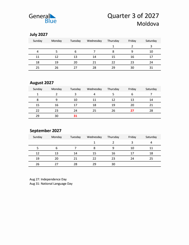 2027 Q3 Three-Month Calendar for Moldova