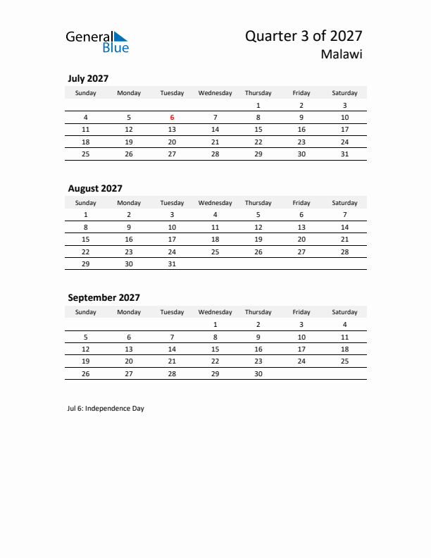 2027 Q3 Three-Month Calendar for Malawi