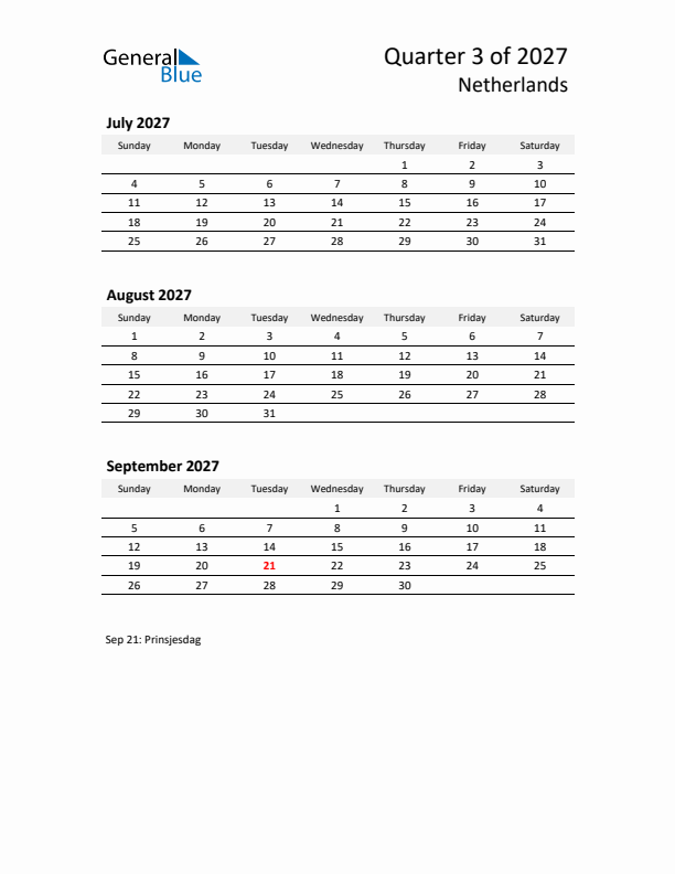 2027 Q3 Three-Month Calendar for The Netherlands