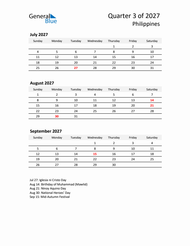 2027 Q3 Three-Month Calendar for Philippines