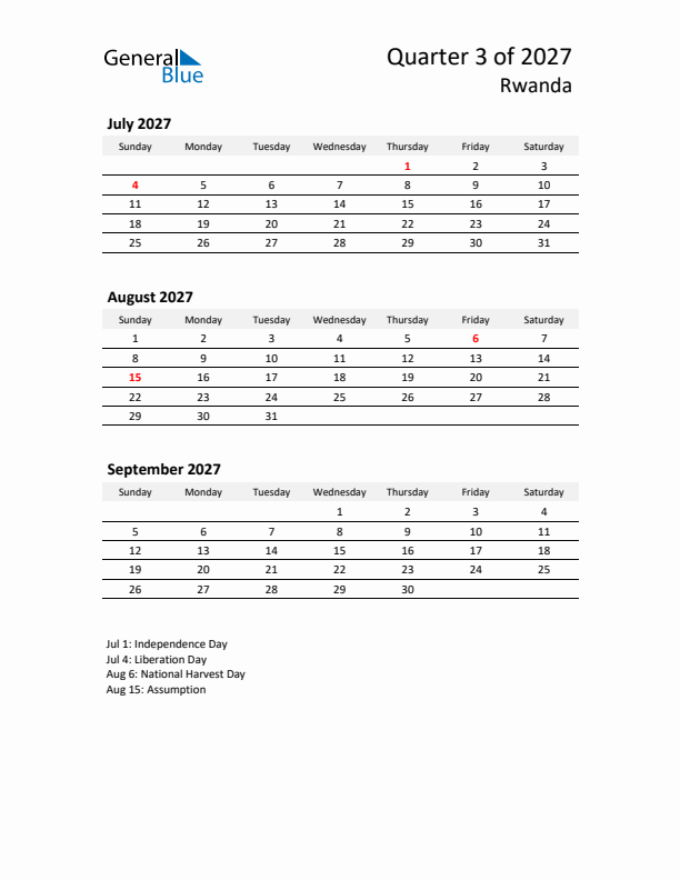 2027 Q3 Three-Month Calendar for Rwanda