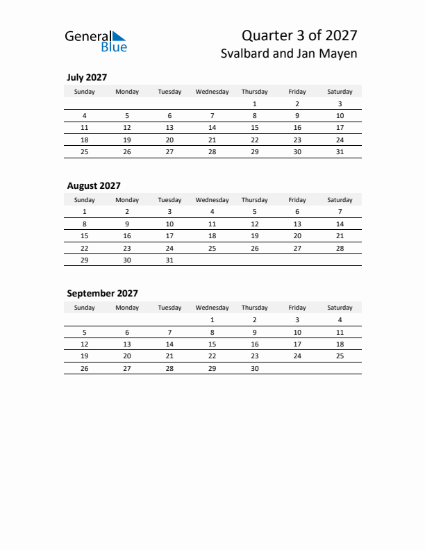 2027 Q3 Three-Month Calendar for Svalbard and Jan Mayen