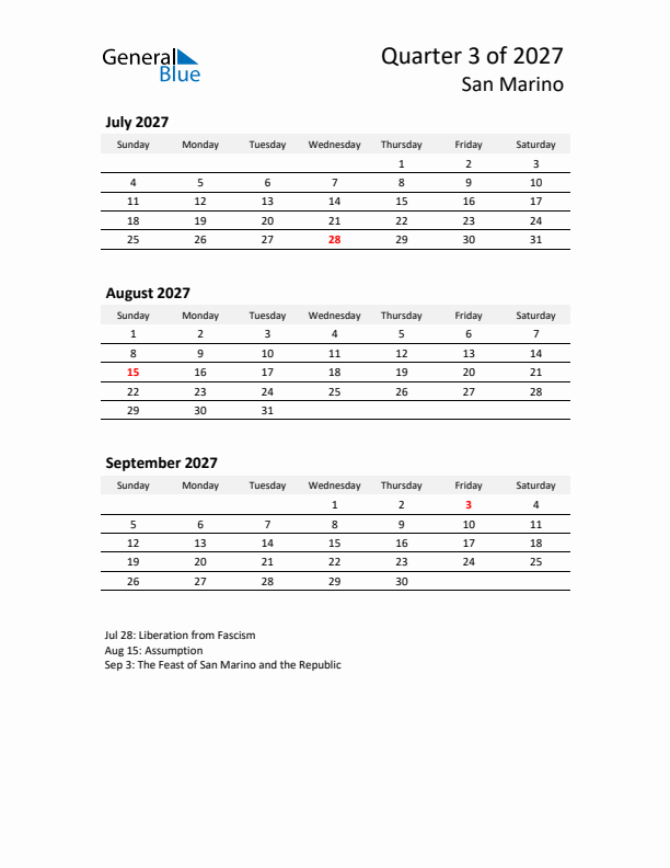 2027 Q3 Three-Month Calendar for San Marino