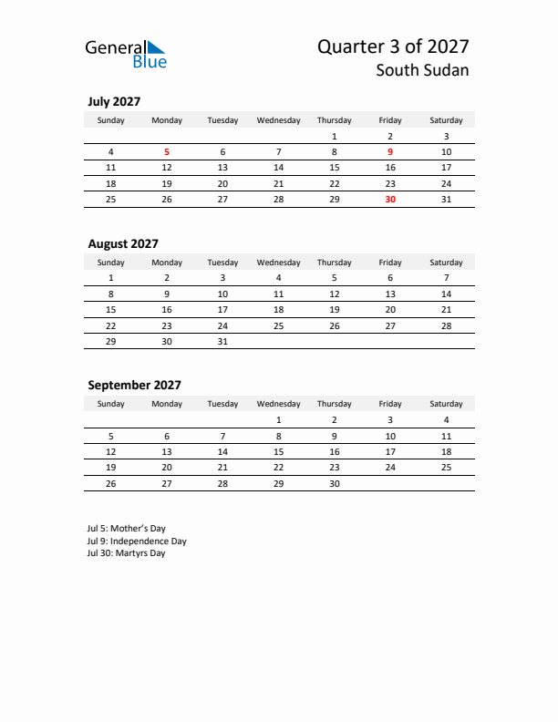 2027 Q3 Three-Month Calendar for South Sudan