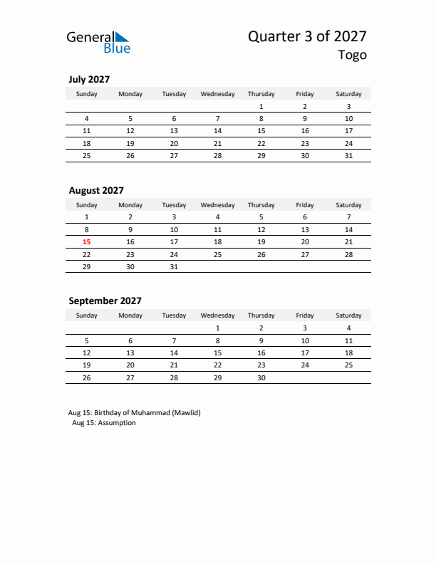 2027 Q3 Three-Month Calendar for Togo