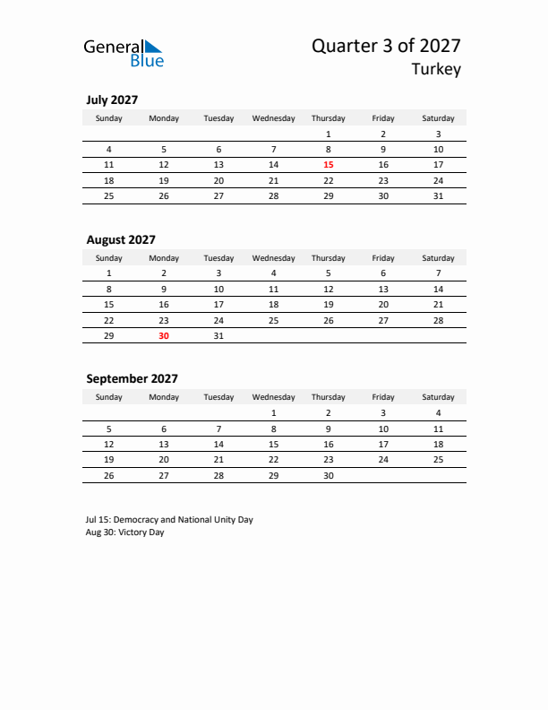 2027 Q3 Three-Month Calendar for Turkey