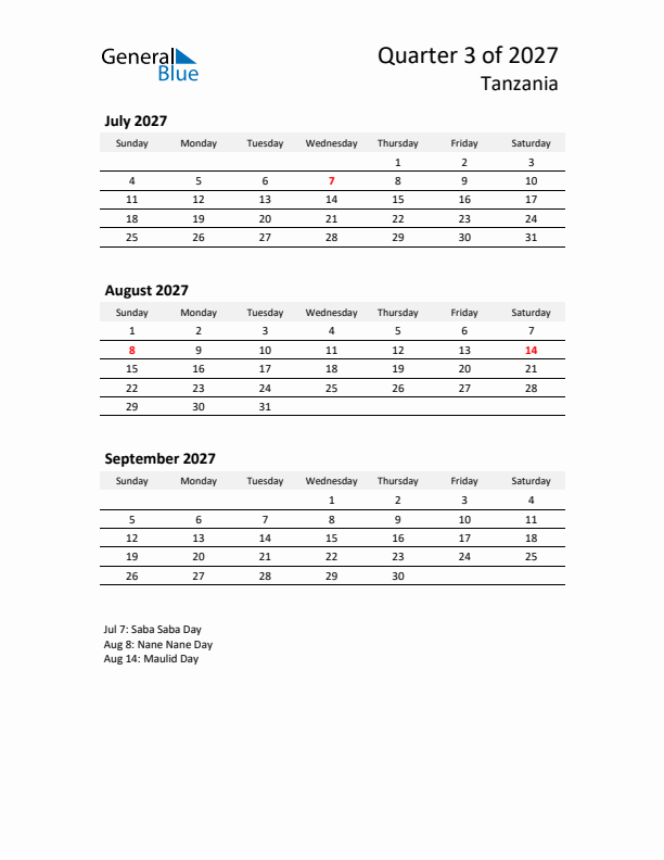 2027 Q3 Three-Month Calendar for Tanzania