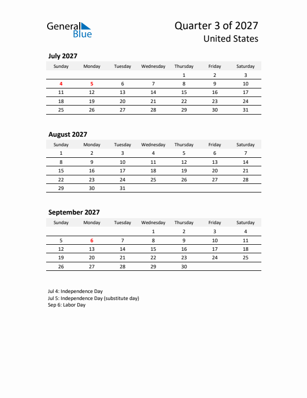 2027 Q3 Three-Month Calendar for United States