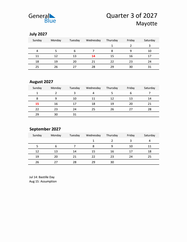 2027 Q3 Three-Month Calendar for Mayotte