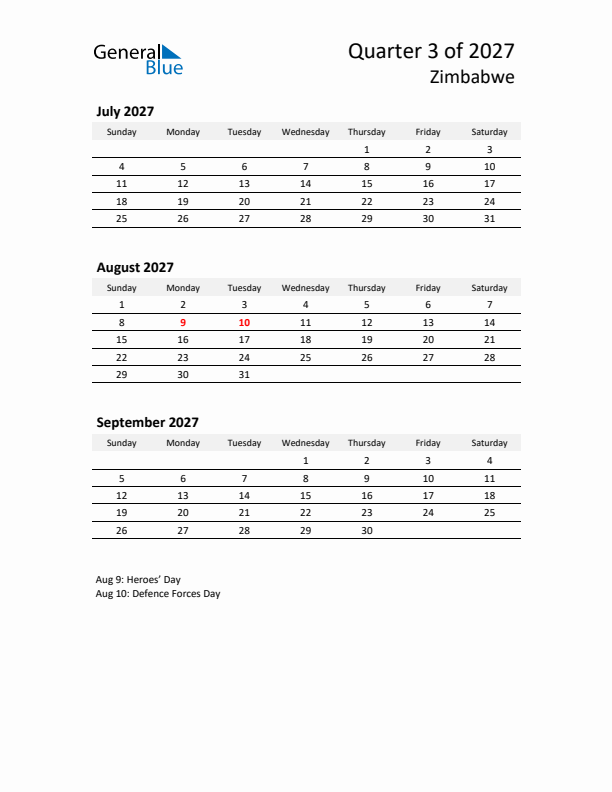 2027 Q3 Three-Month Calendar for Zimbabwe