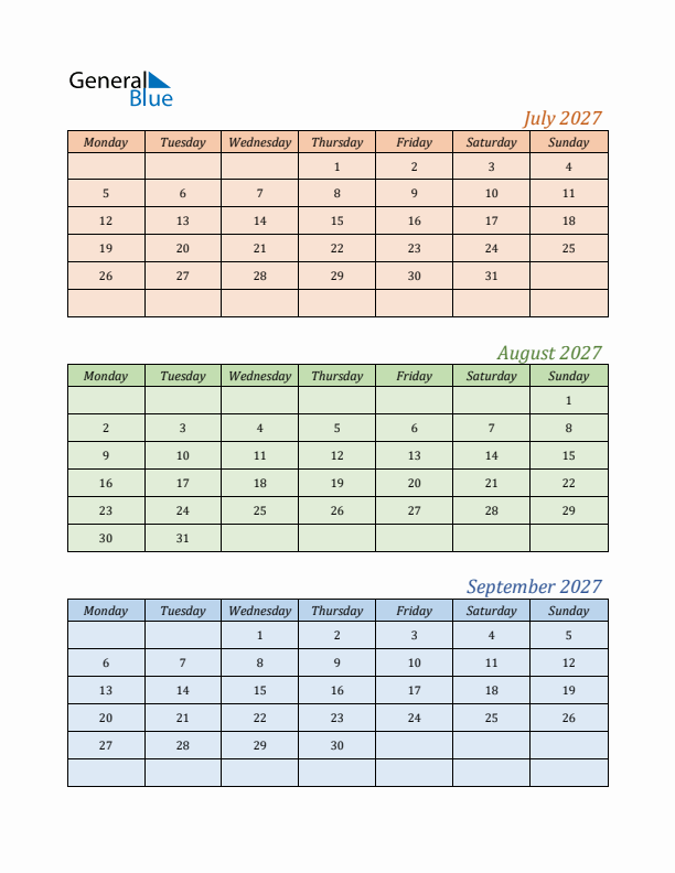 Three-Month Calendar for Year 2027 (July, August, and September)