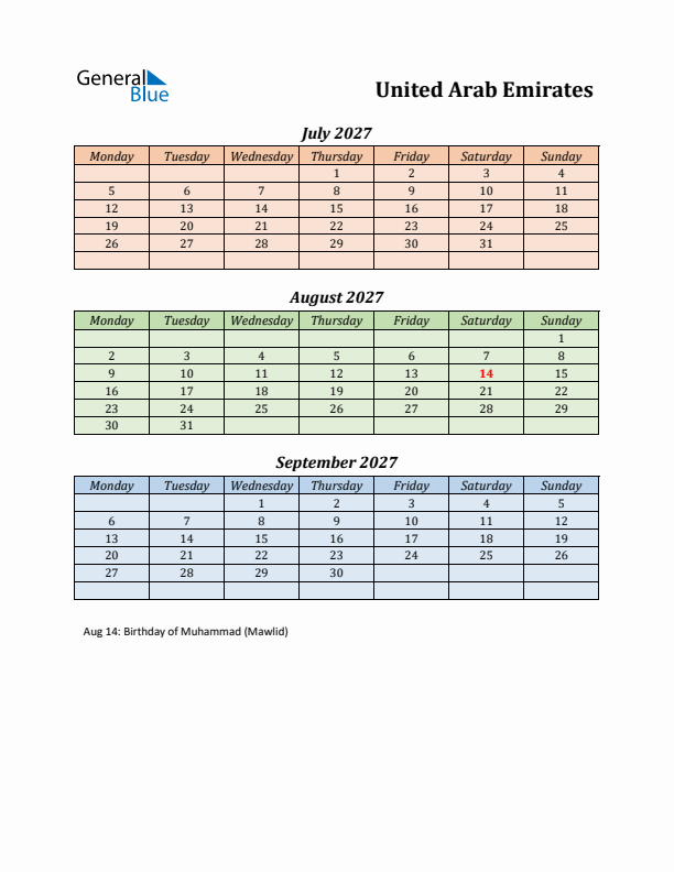 Q3 2027 Holiday Calendar - United Arab Emirates