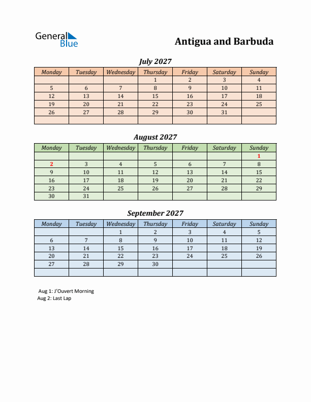 Q3 2027 Holiday Calendar - Antigua and Barbuda