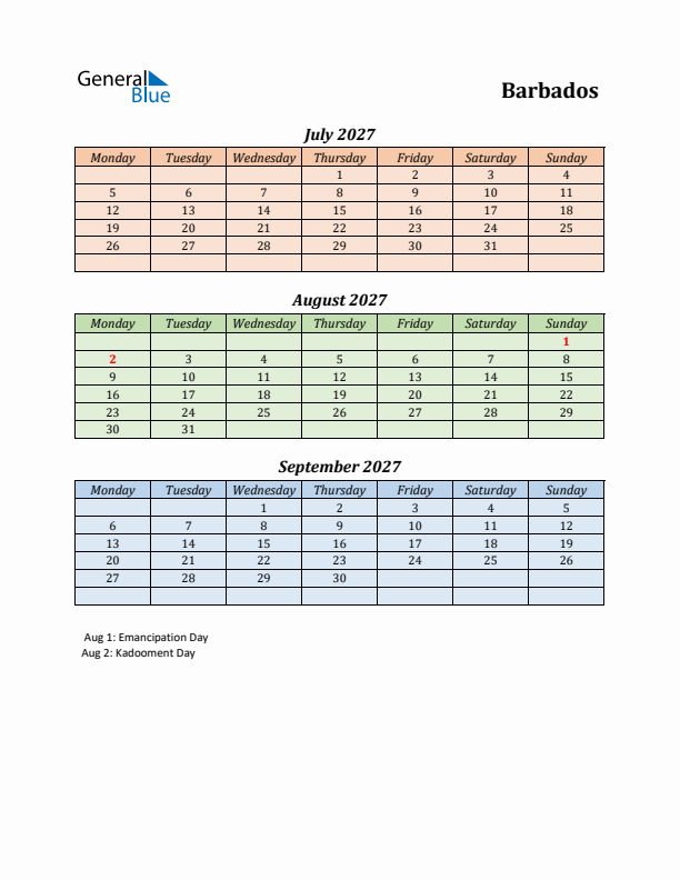 Q3 2027 Holiday Calendar - Barbados