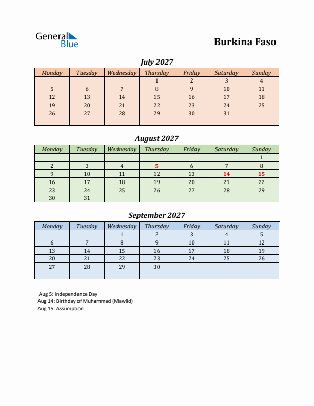 Q3 2027 Holiday Calendar - Burkina Faso