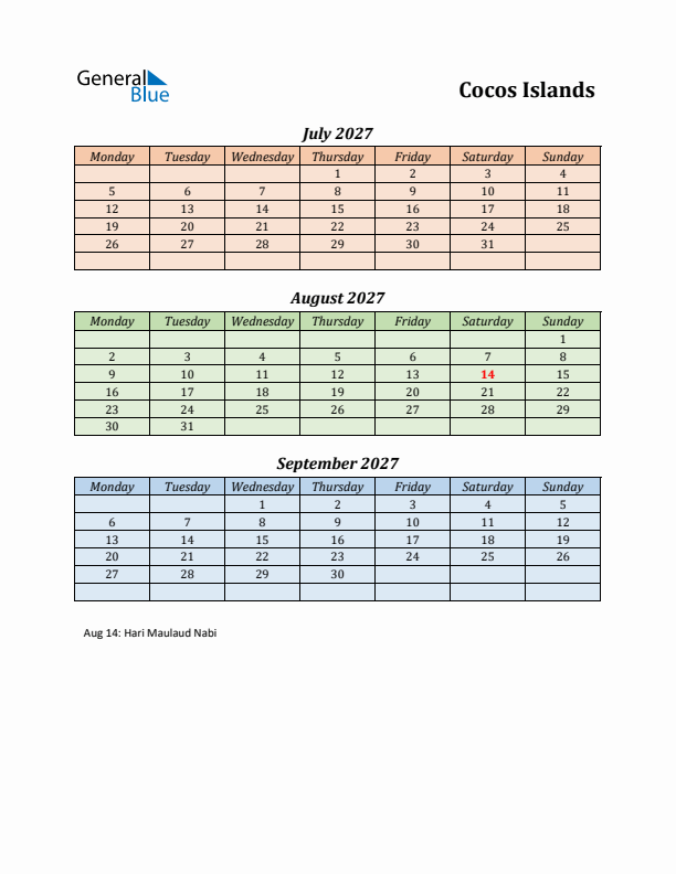 Q3 2027 Holiday Calendar - Cocos Islands