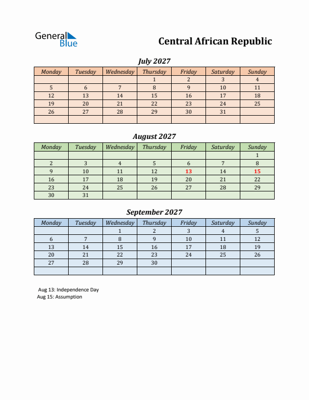 Q3 2027 Holiday Calendar - Central African Republic