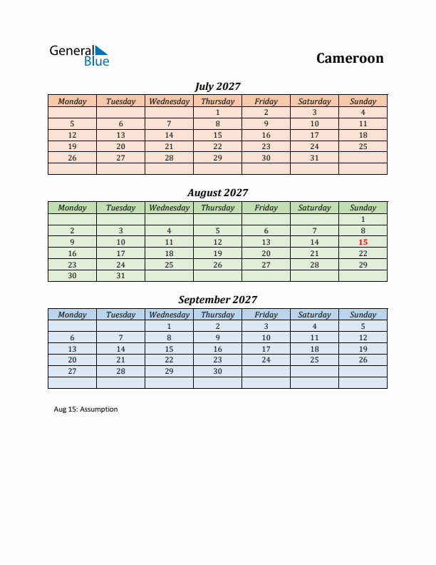 Q3 2027 Holiday Calendar - Cameroon