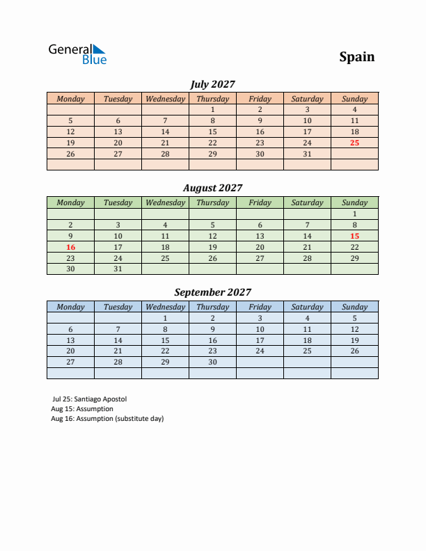 Q3 2027 Holiday Calendar - Spain